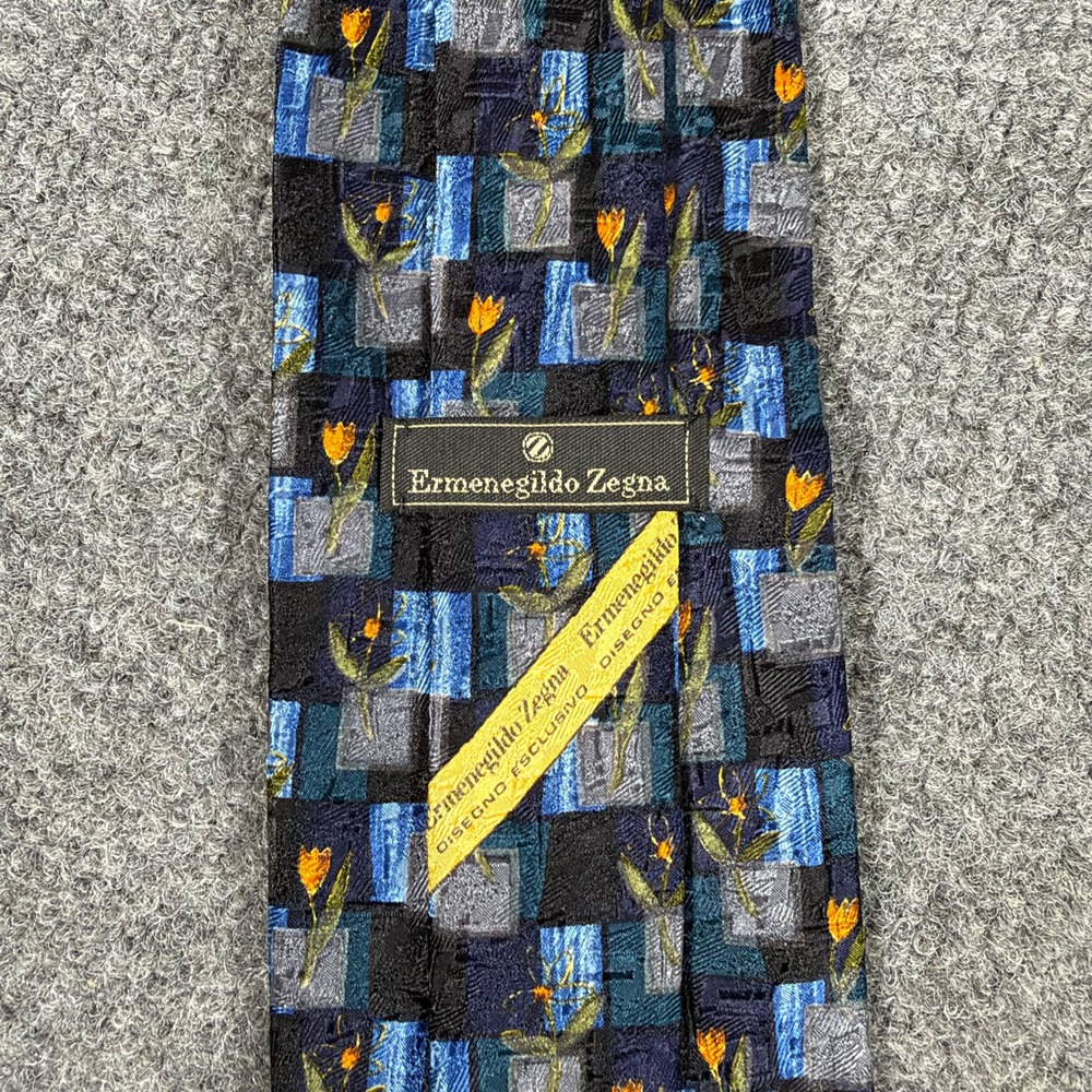 Ermenegildo Zegna Mens Silk Tie Black Geometric Floral Tulip Made in Italy #4920